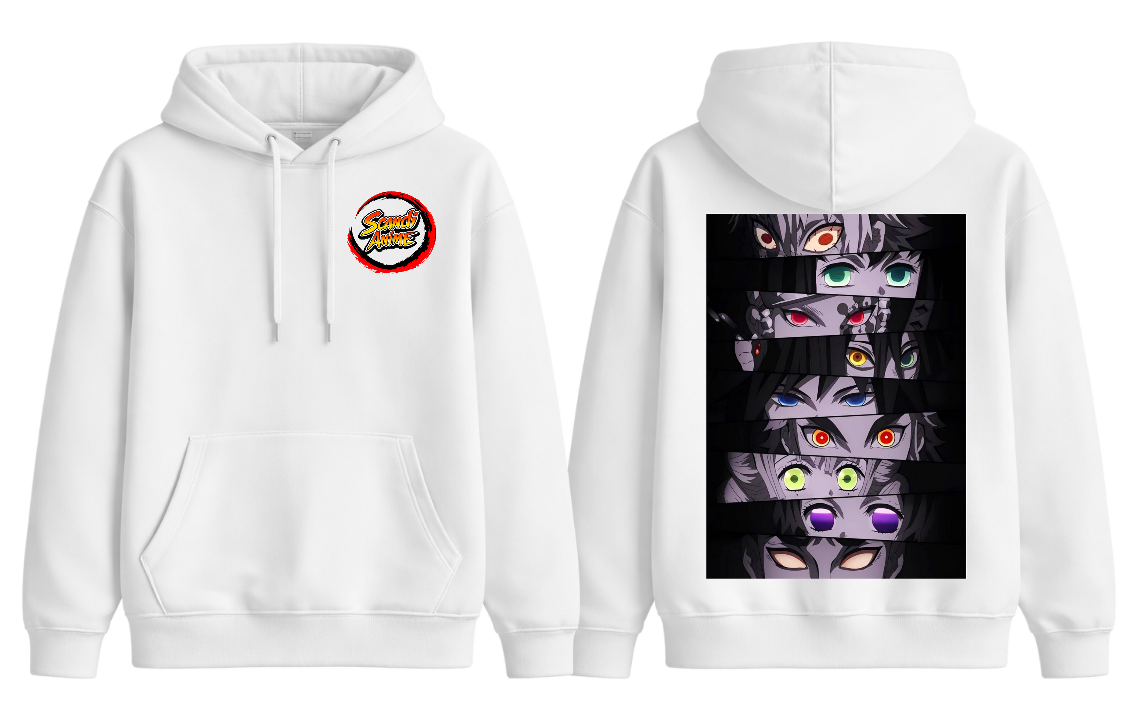 White Demon Slayer hoodie by ScandiAnime featuring character artwork, casual fit, and comfortable fabric for fans of the anime series.