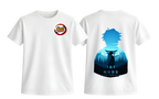 White Giyu T-Shirt from ScandiAnime featuring a detailed graphic design of Giyu from an anime series.
