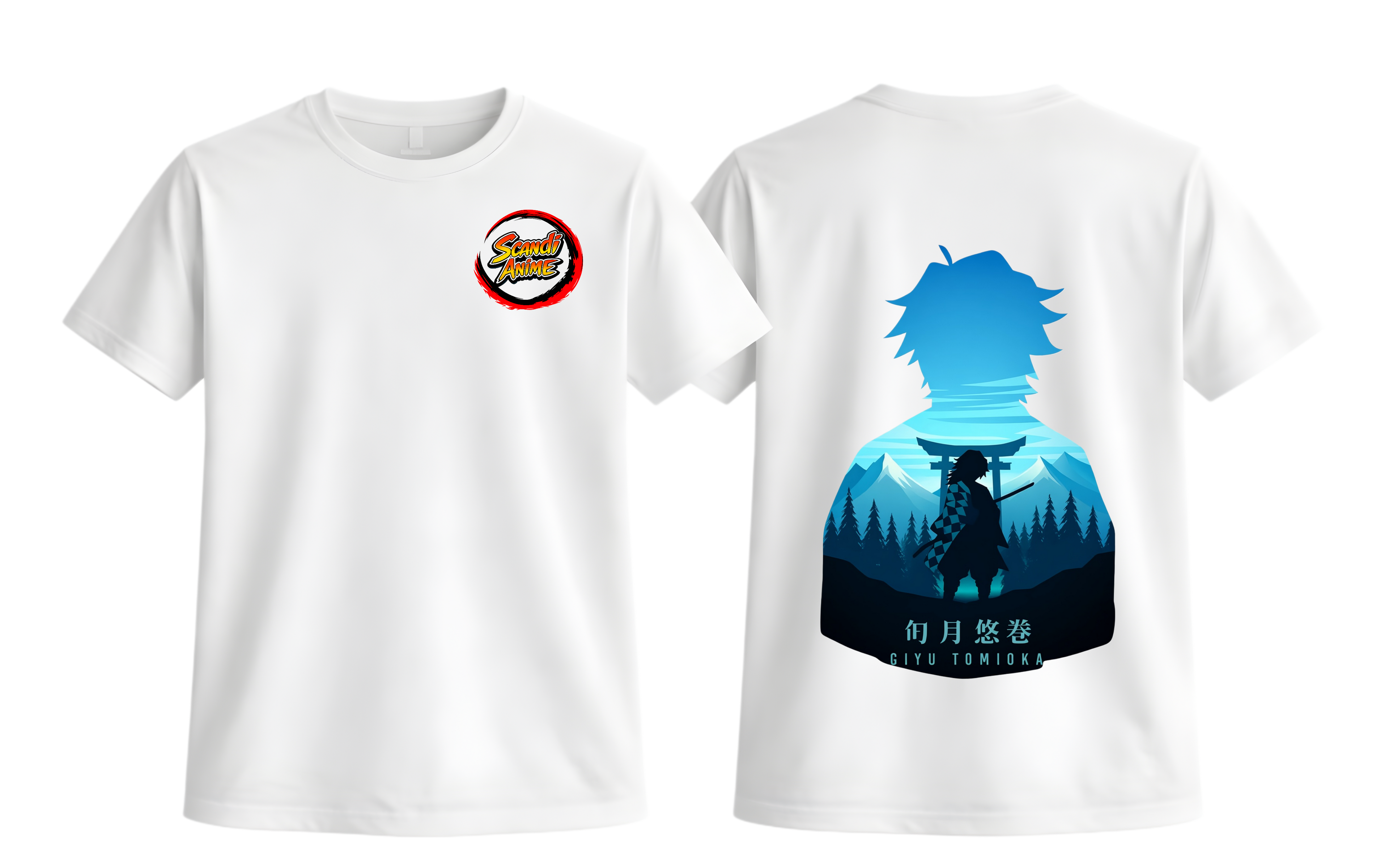 White Giyu T-Shirt from ScandiAnime featuring a detailed graphic design of Giyu from an anime series.