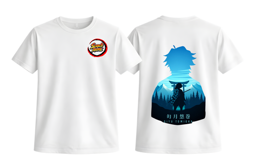 White Giyu T-Shirt from ScandiAnime featuring a detailed graphic design of Giyu from an anime series.