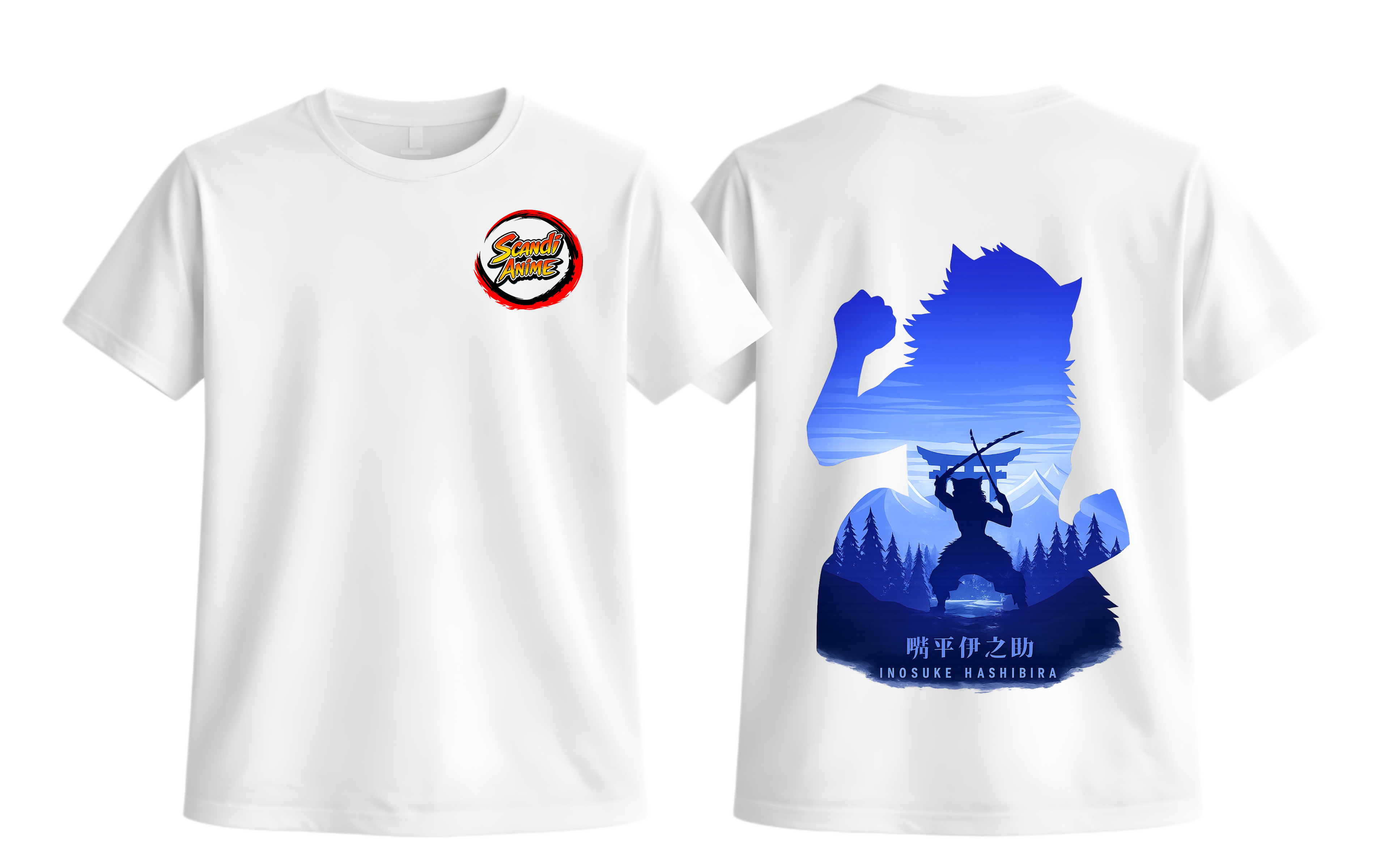White Inosuke T-shirt from ScandiAnime featuring a graphic print of the character Inosuke from anime.