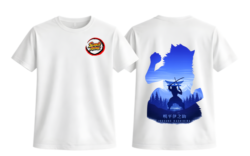 White Inosuke T-shirt from ScandiAnime featuring a graphic print of the character Inosuke from anime.