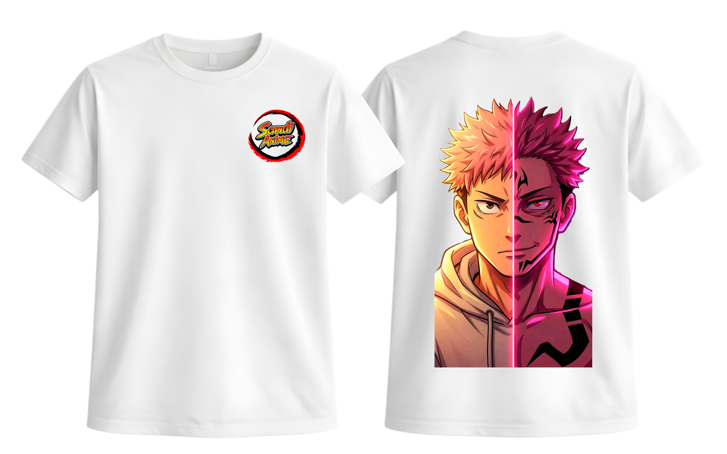 White Yuji and Sukuna T-shirt from ScandiAnime featuring detailed graphic print of characters from Jujutsu Kaisen.