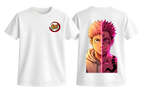 White Yuji and Sukuna T-shirt from ScandiAnime featuring detailed graphic print of characters from Jujutsu Kaisen.