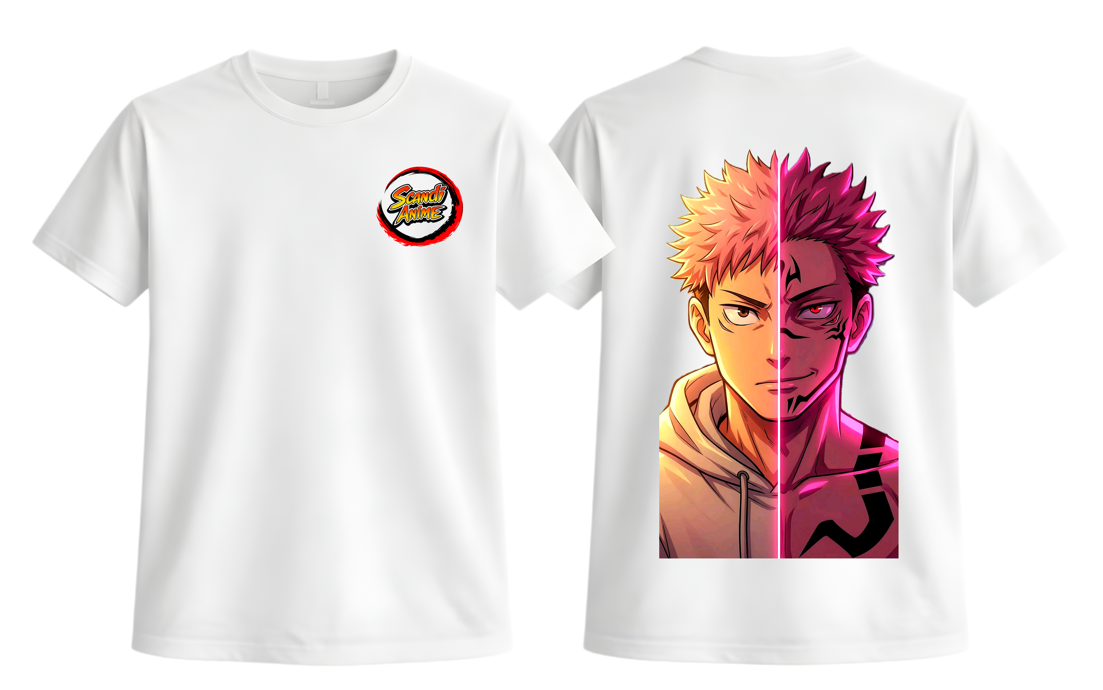 White Yuji and Sukuna T-shirt from ScandiAnime featuring detailed graphic print of characters from Jujutsu Kaisen.