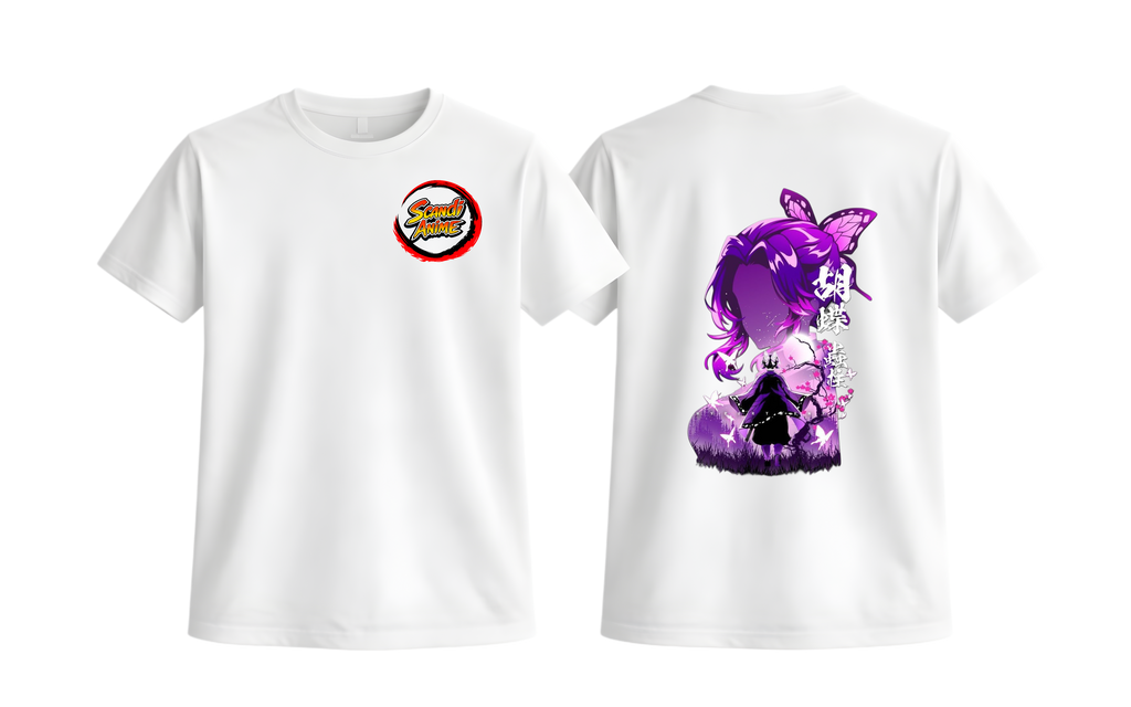 White Shinobu Kocho T-Shirt by ScandiAnime featuring a detailed illustration of the Demon Slayer character on the front.
