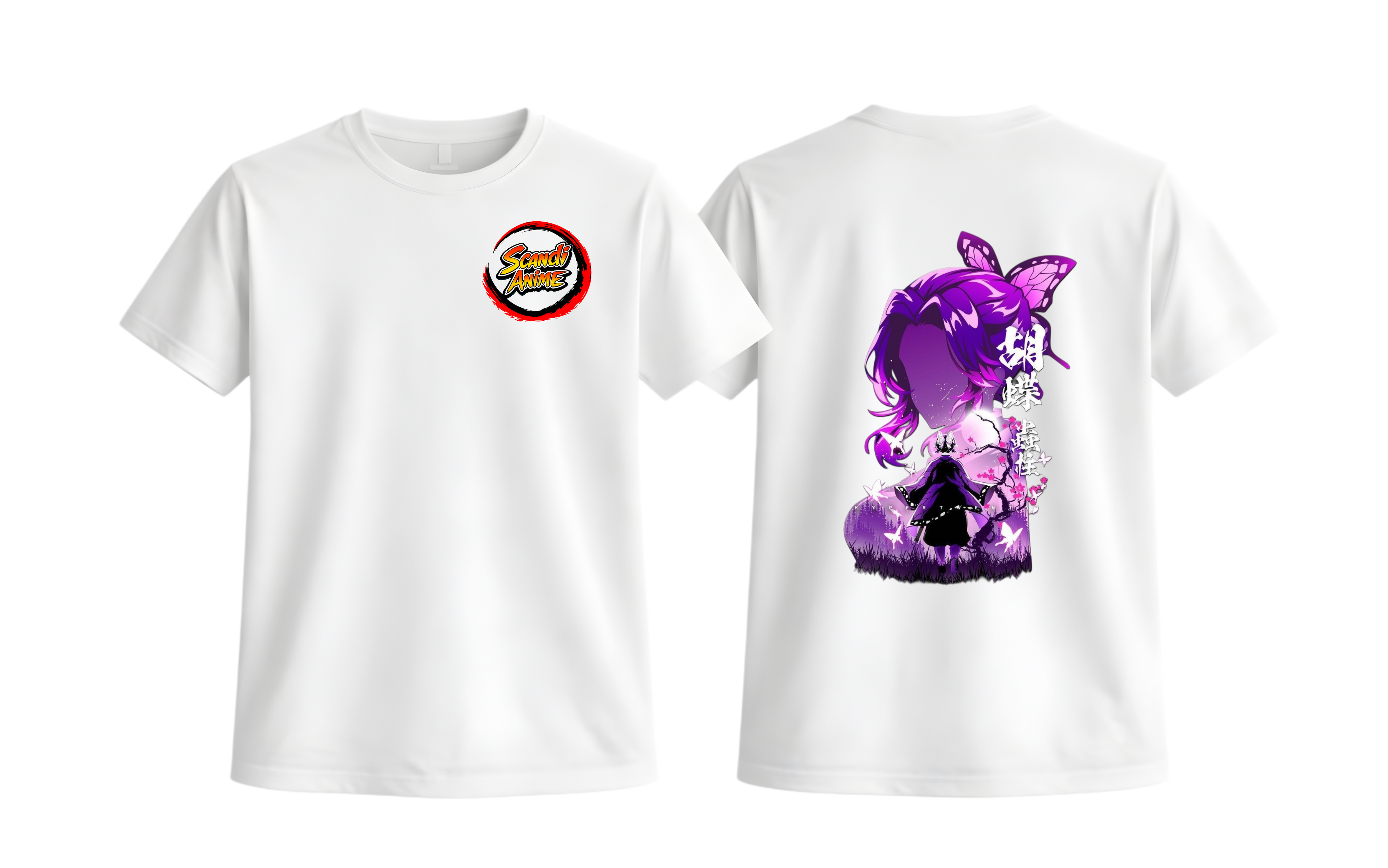 White Shinobu Kocho T-Shirt by ScandiAnime featuring a detailed illustration of the Demon Slayer character on the front.