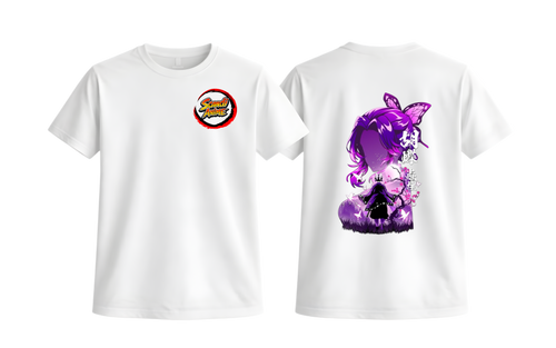 White Shinobu Kocho T-Shirt by ScandiAnime featuring a detailed illustration of the Demon Slayer character on the front.