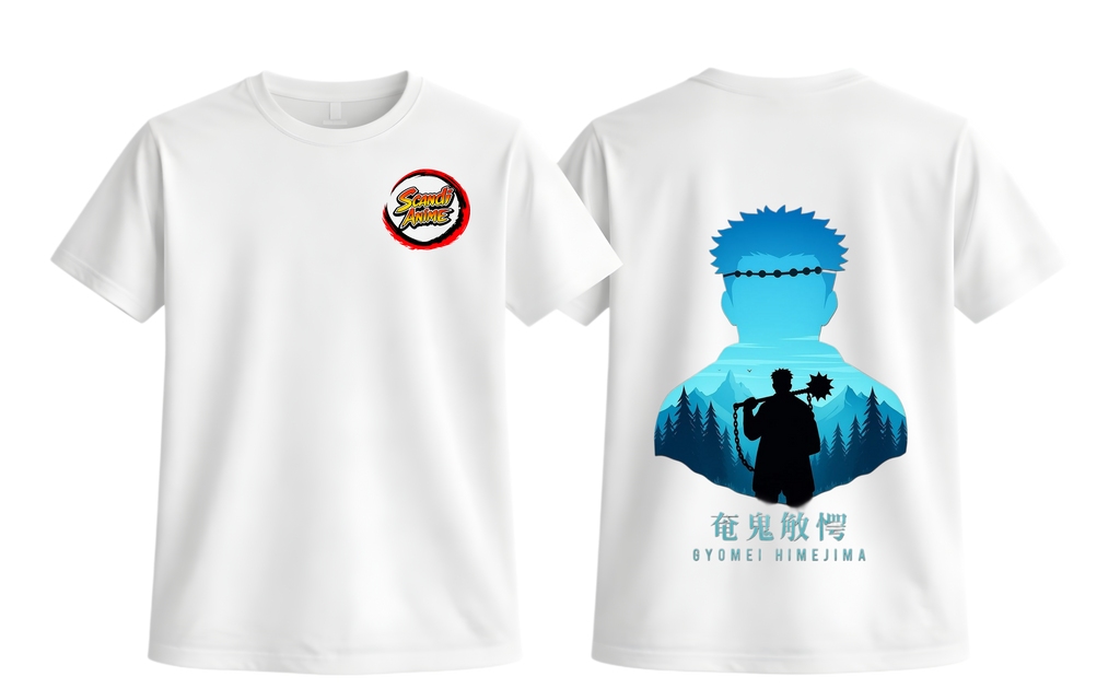 White Gyomei T-Shirt by ScandiAnime featuring a comfortable fit and detailed graphic print on the front.