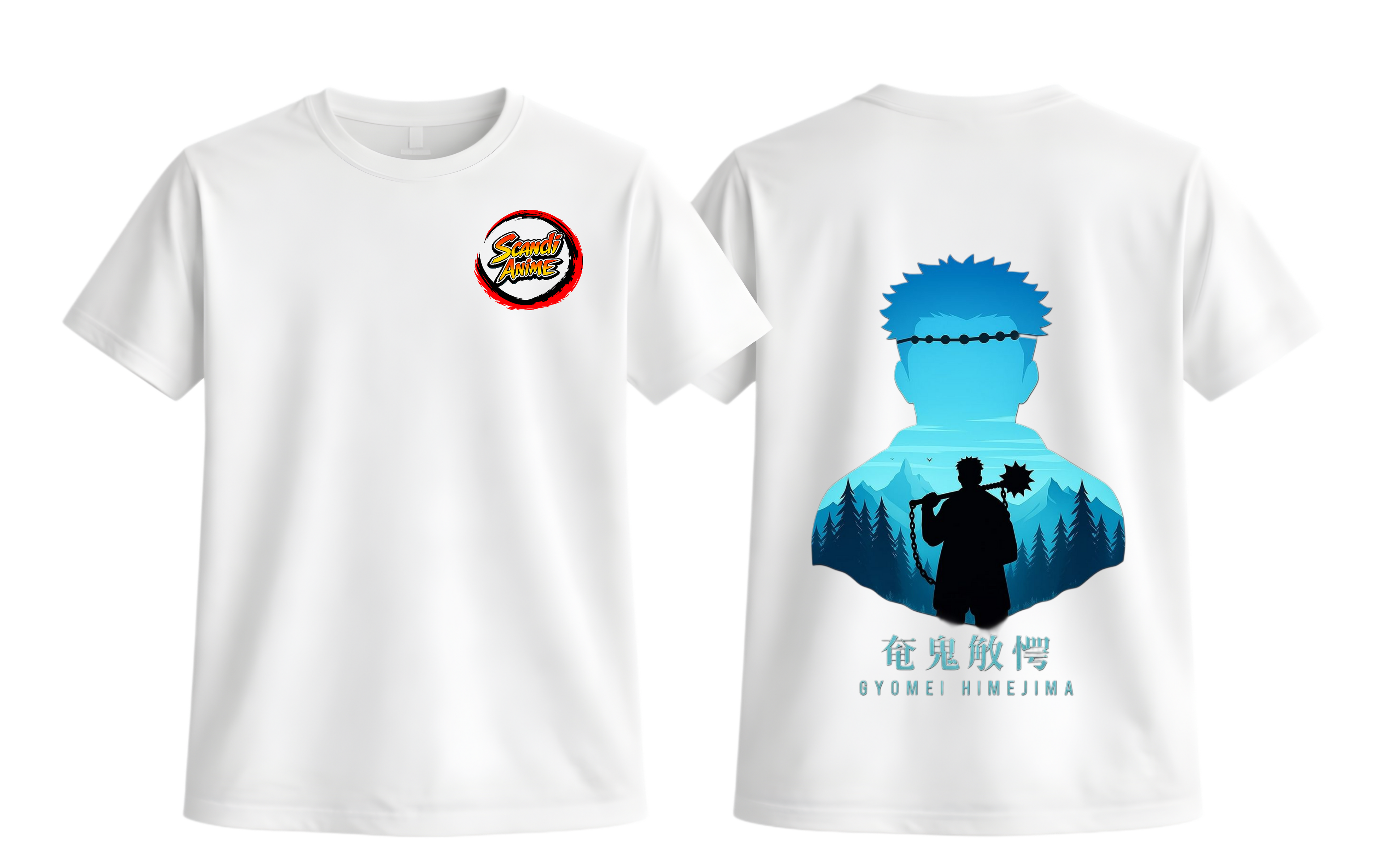 White Gyomei T-Shirt by ScandiAnime featuring a comfortable fit and detailed graphic print on the front.