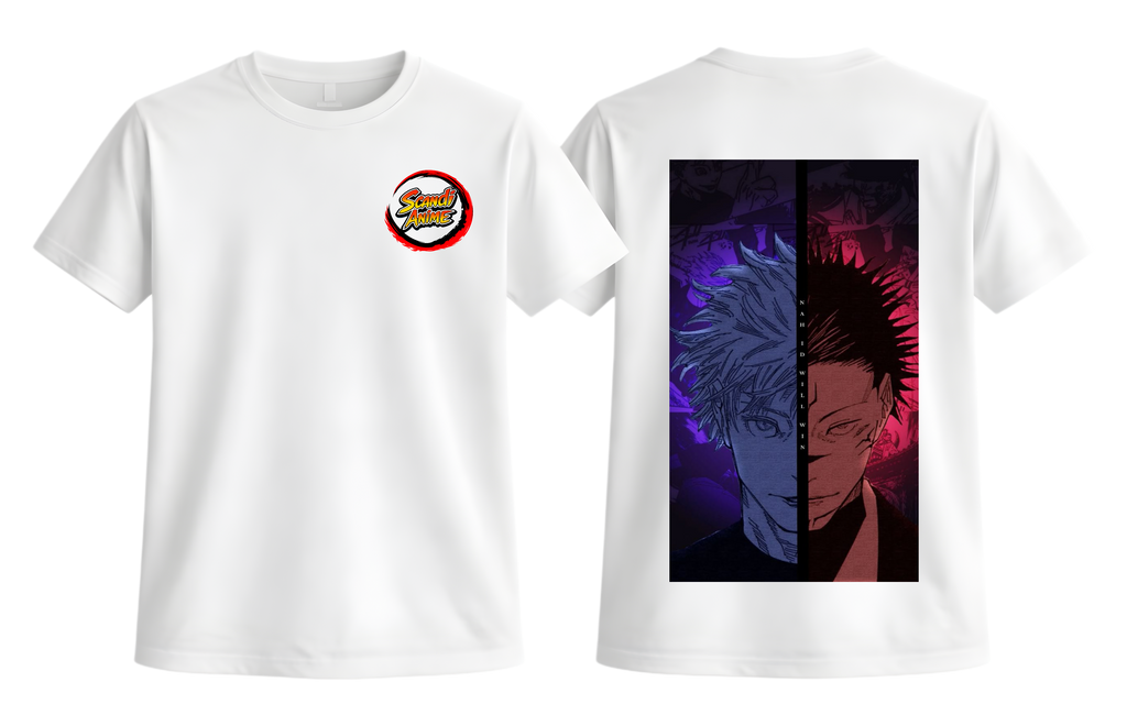 White Gojo and Sukuna T-shirt by ScandiAnime featuring detailed character illustrations on the front.