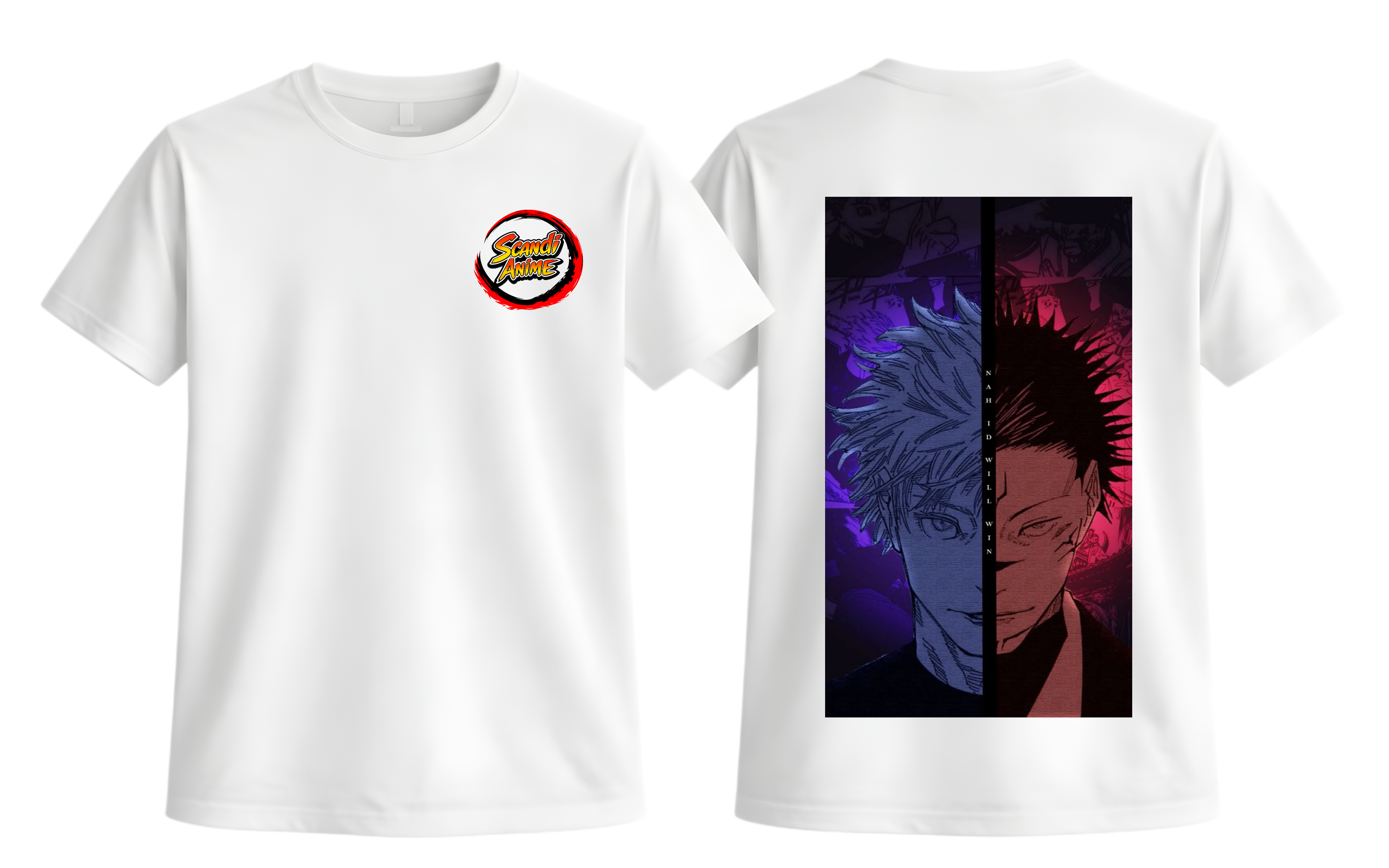 White Gojo and Sukuna T-shirt by ScandiAnime featuring detailed character illustrations on the front.