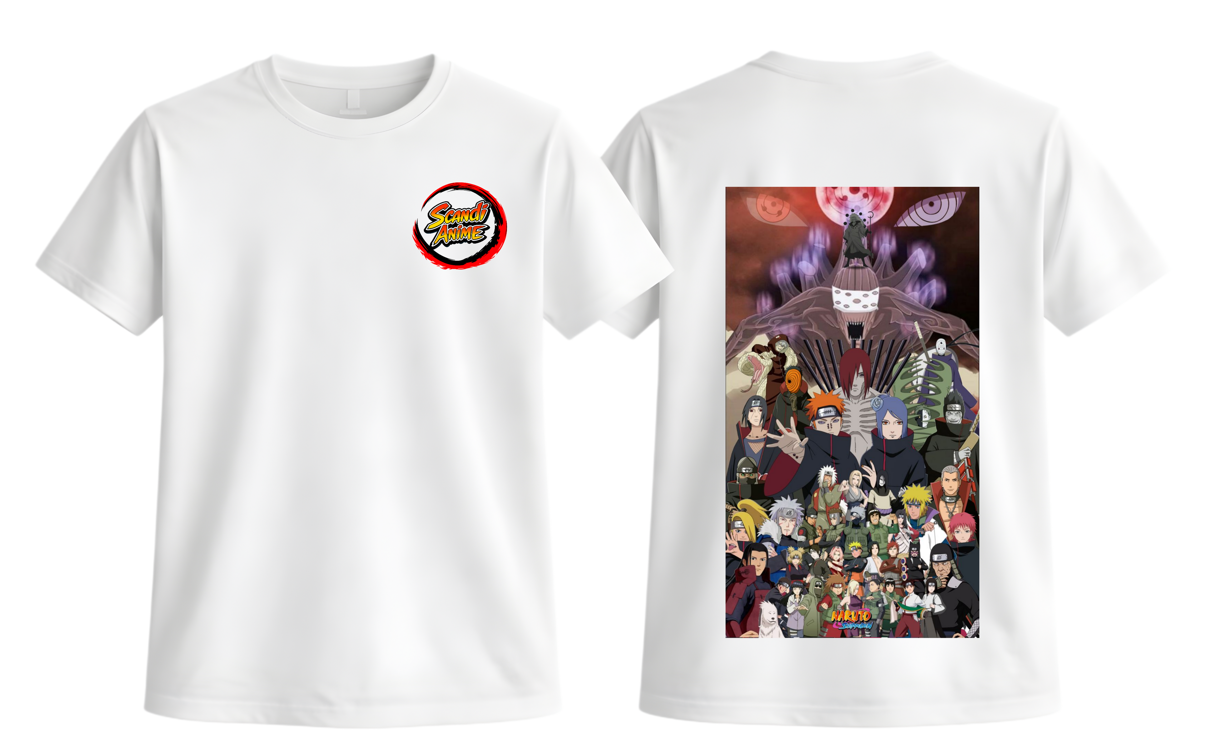 White Naruto Shippuden T-Shirt by ScandiAnime featuring iconic character design on soft cotton fabric.