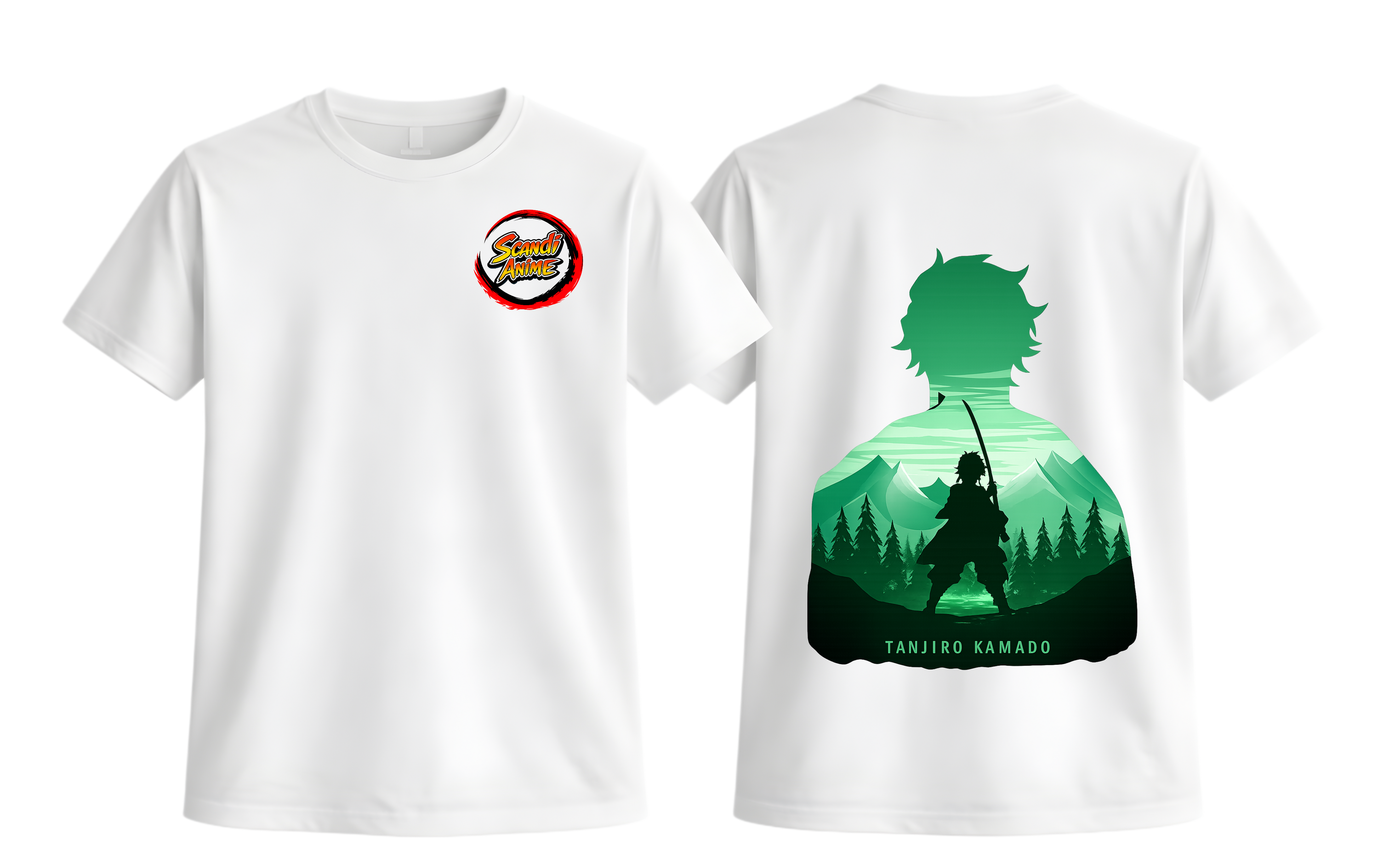 White Tanjiro T-shirt by ScandiAnime featuring anime character illustration on the front, casual fit, and comfortable fabric.