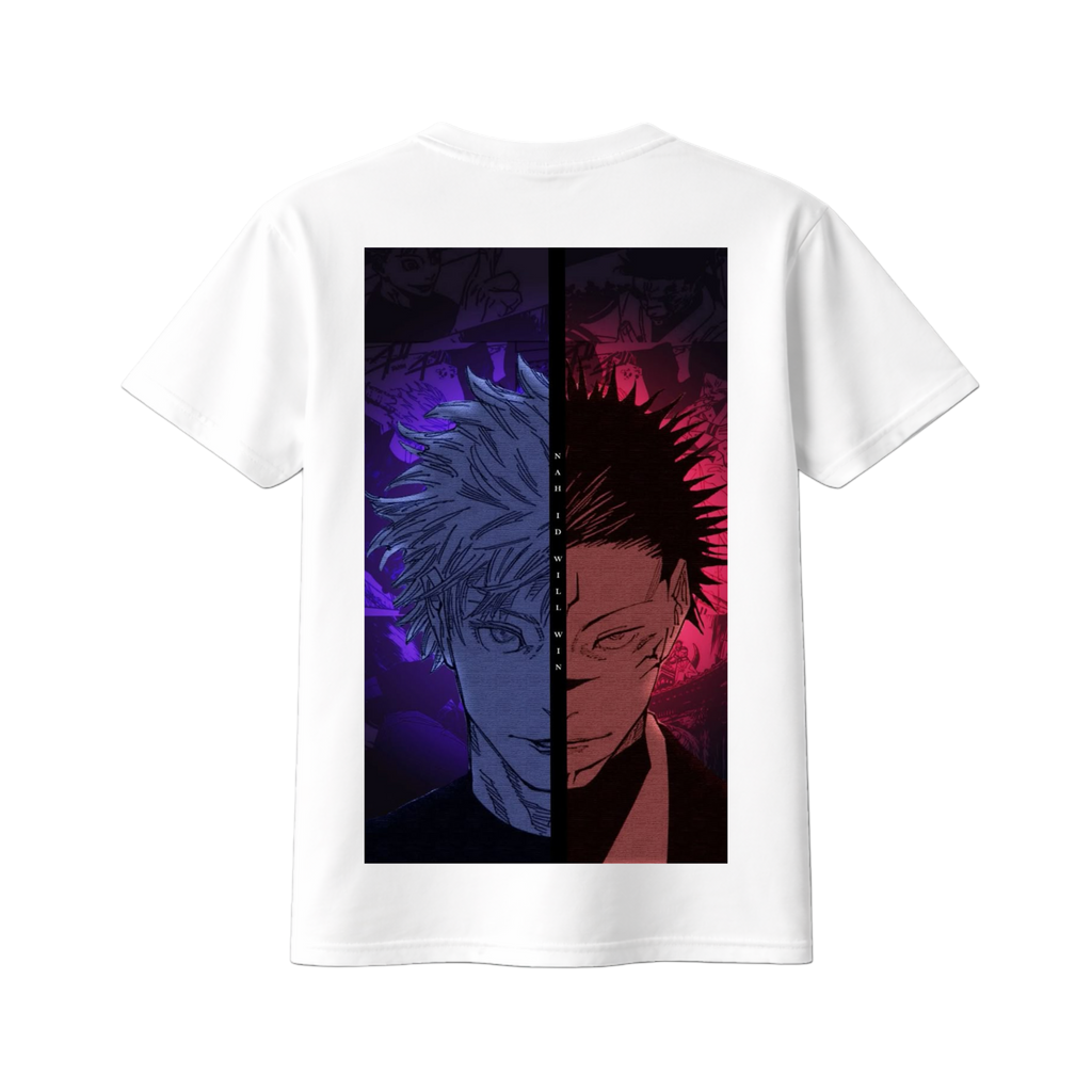 White Gojo and Sukuna T-shirt by ScandiAnime featuring characters from Jujutsu Kaisen, casual and stylish apparel.