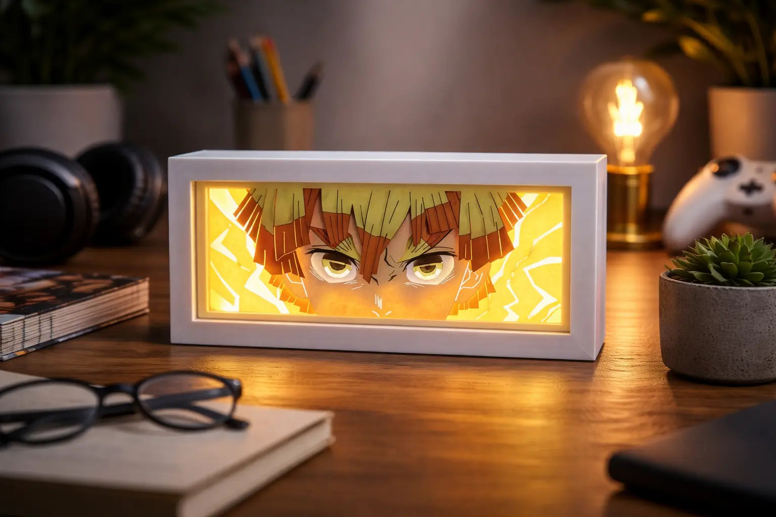 ScandiAnime Zenitsu Aura Lamp glowing with vibrant yellow light, showcasing a detailed figure of Zenitsu from anime.