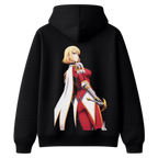 Black ScandiAnime Cha Hae-In hoodie with front pocket and drawstring hood, made from soft, comfortable fabric.