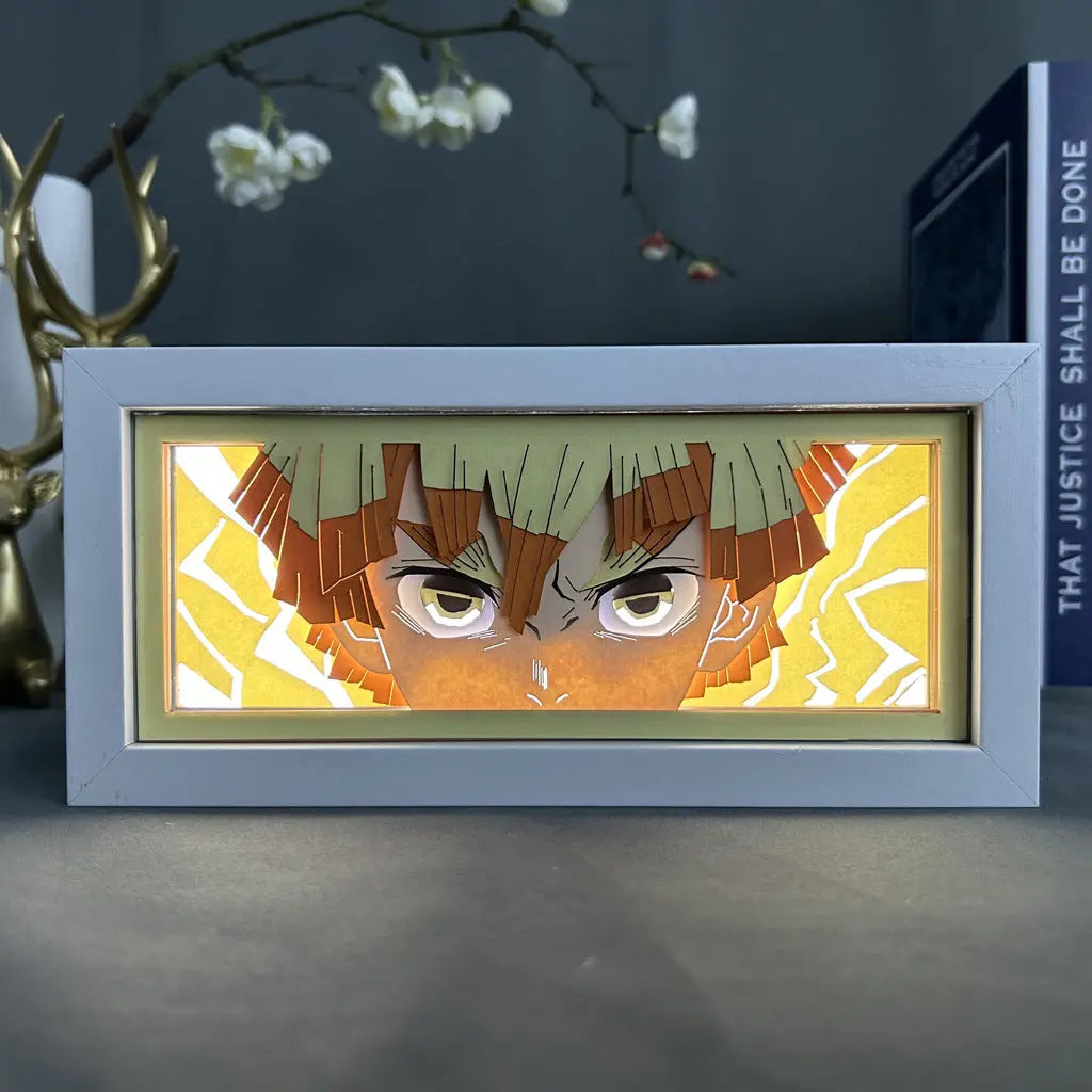 ScandiAnime Zenitsu Aura Lamp glowing with vibrant yellow light, showcasing the detailed anime character design on the aura lamp.