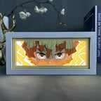 ScandiAnime Zenitsu Aura Lamp glowing with vibrant yellow light, showcasing the detailed anime character design on the aura lamp.