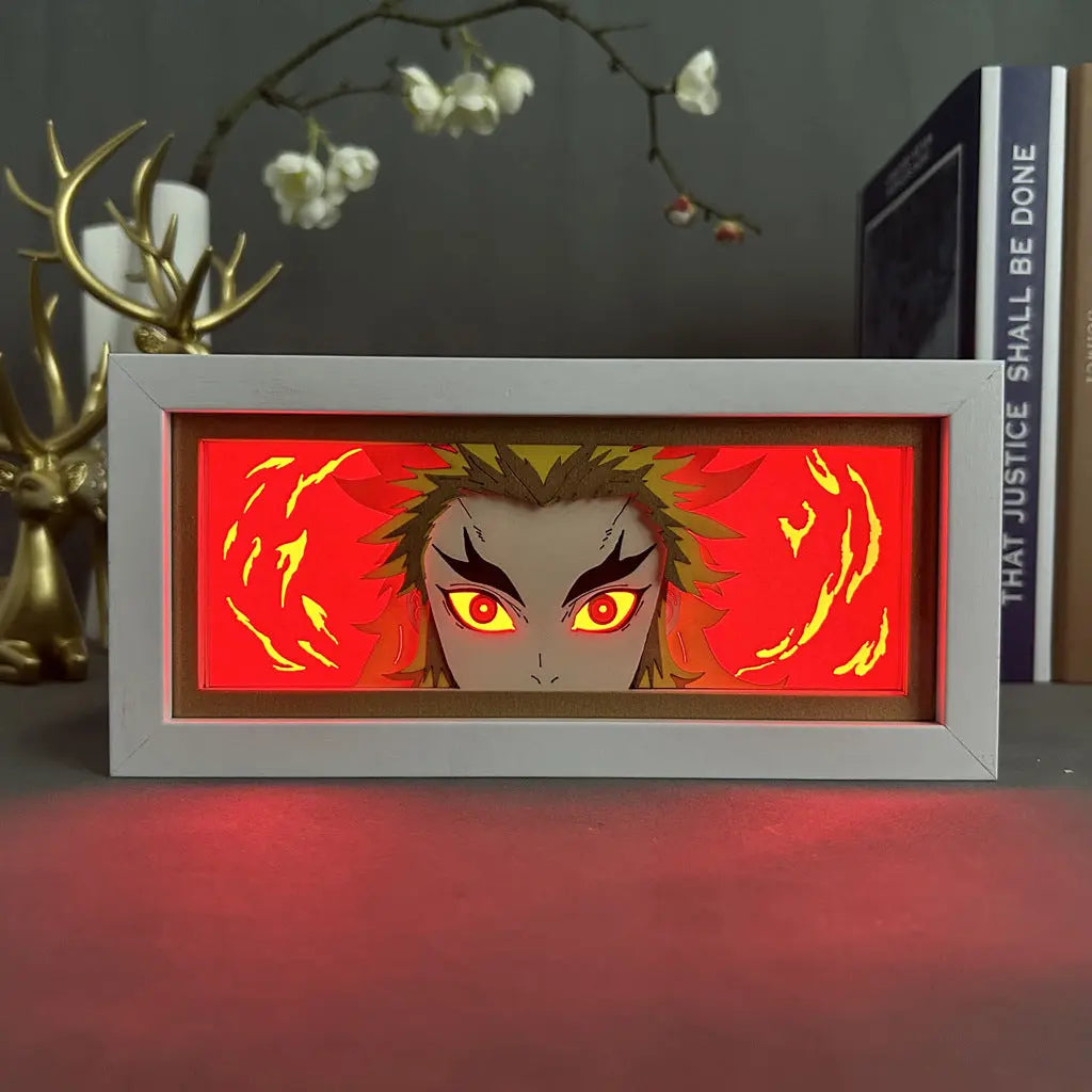 ScandiAnime Rengoku Aura Lamp glowing with vibrant orange and red hues, designed as an aura lamp for anime-themed decor.