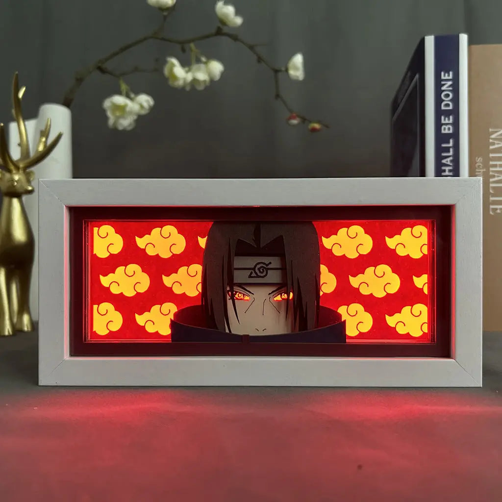 Itachi Uchiha Aura Lamp by ScandiAnime, illuminated glow featuring detailed design of Itachi's character with vibrant colors.