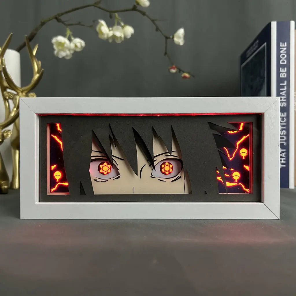 Sasuke Uchiha Aura Lamp by ScandiAnime, featuring a detailed lamp with Sasuke's iconic design and vibrant blue aura glow.