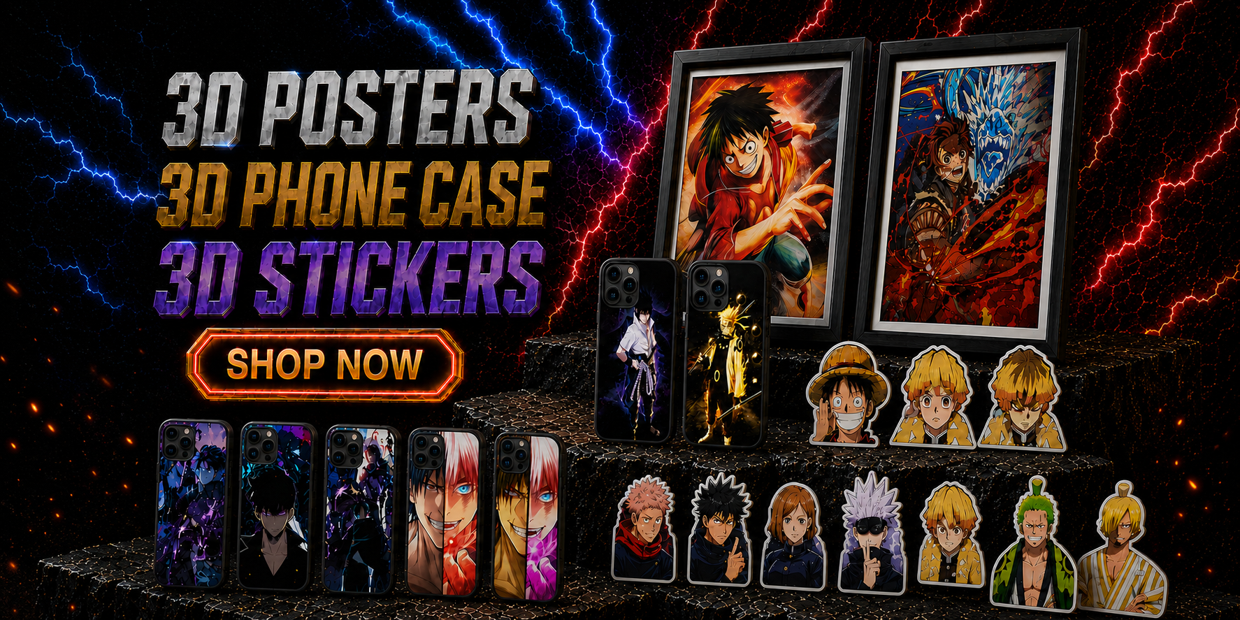 Promotional banner for 3D posters, phone case, and stickers with character illustrations.
