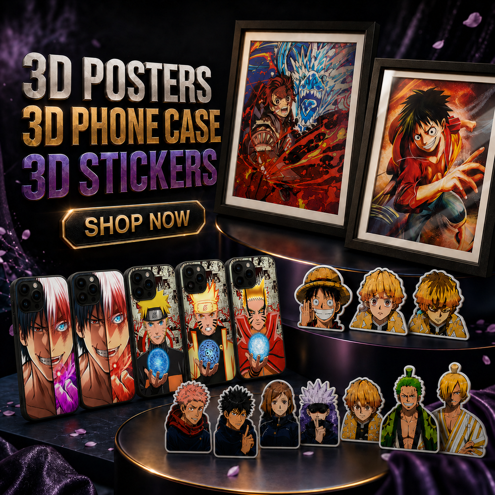 Collection of 3D posters, phone cases, and stickers featuring animated characters on a dark background.