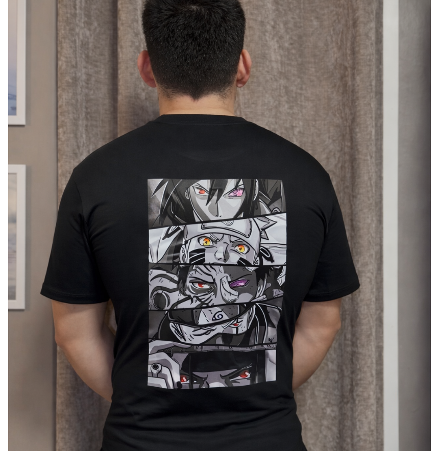 Naruto Shippuden T-Shirt by ScandiAnime featuring anime character design on black fabric, casual clothing for fans of the series.