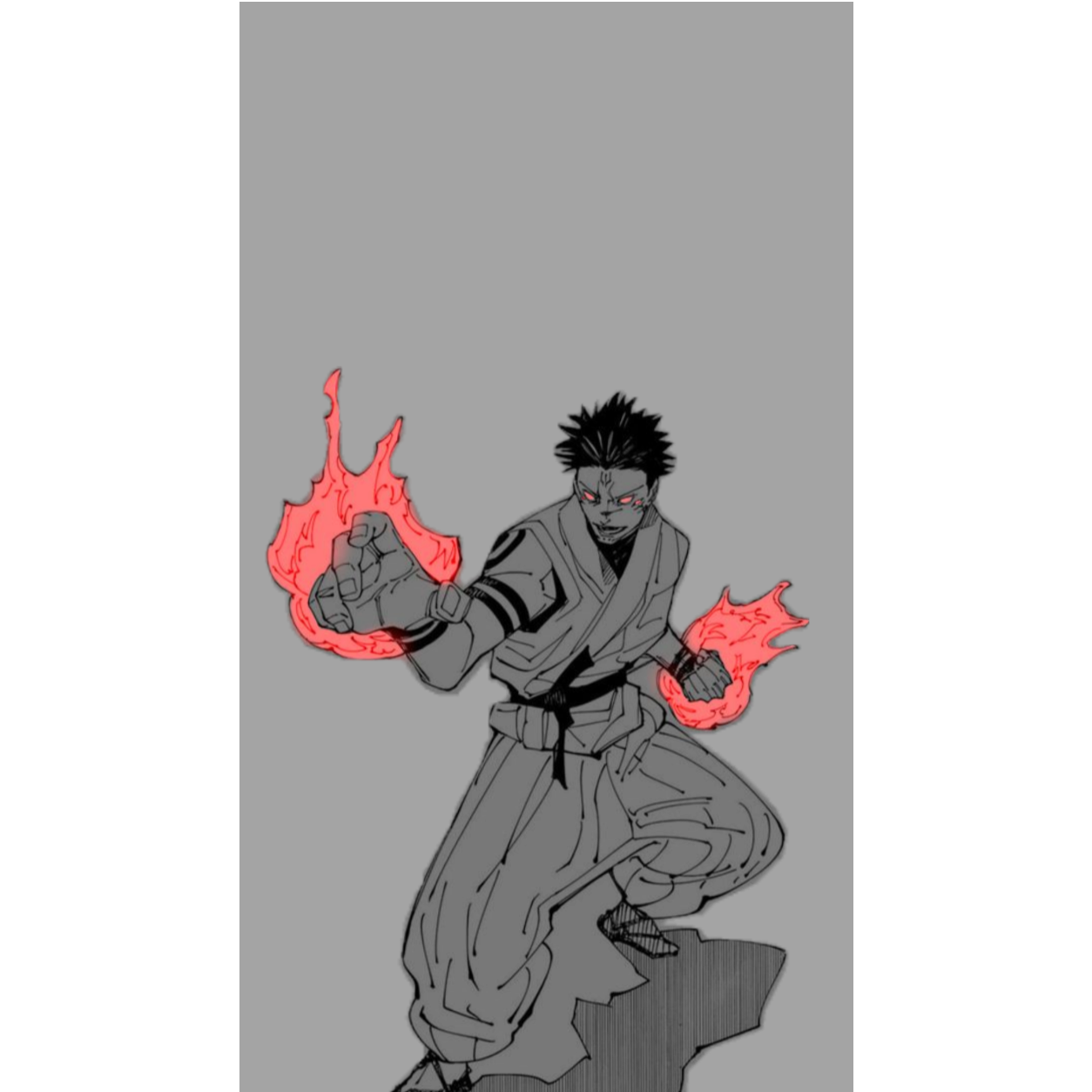 Animated character in a martial arts pose with flames in fists on a gray background